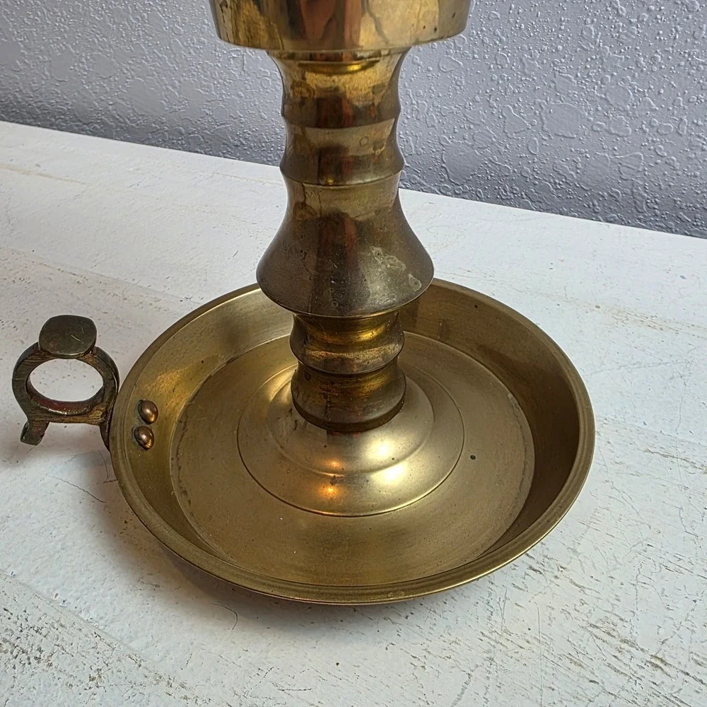 Vintage Brass‎ Chamberstick Candle Holder with Etched Glass Hurricane Chimney